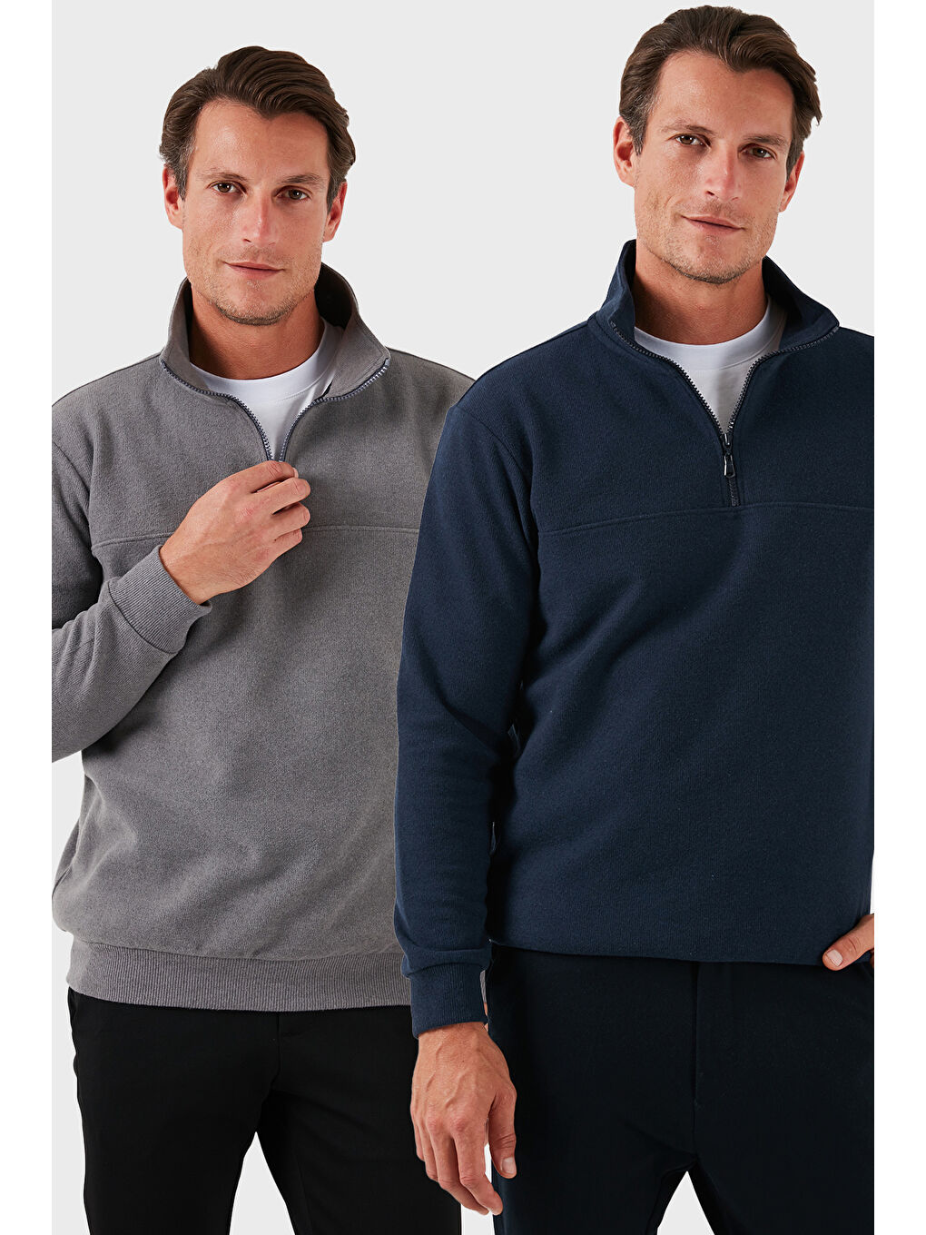 Gri Pamuklu Regular Fit Yarım Fermuarlı Dik Yaka 2'li Paket Kazak 456112S2