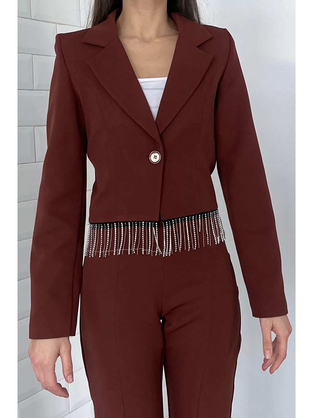 GÜLSELİ Kahverengi Kadın Sacak Taşlı Crop Blazer Ceket - 1