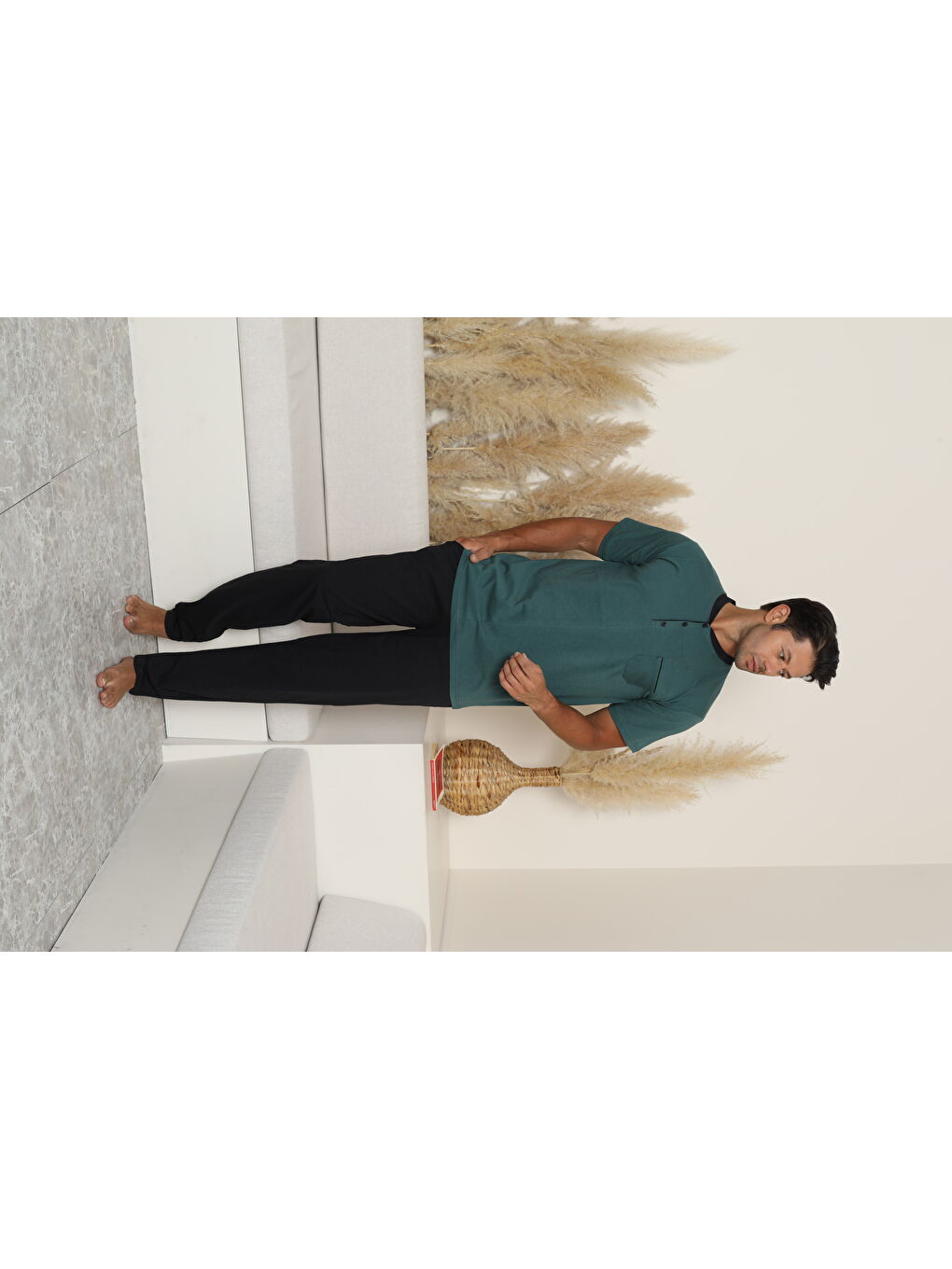 Yeşil Erkek %100 Organik Doğal Pamuk Yüksek Kalite Düğmeli Kısa Kollu Battal Büyük Beden Pijama Takımıı