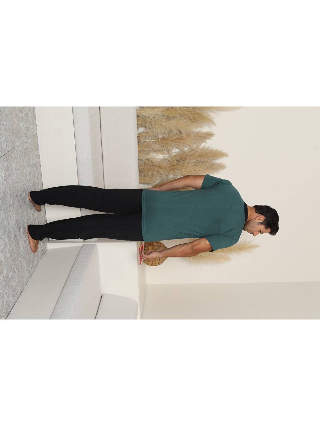 Yeşil Erkek %100 Organik Doğal Pamuk Yüksek Kalite Düğmeli Kısa Kollu Battal Büyük Beden Pijama Takımıı-1