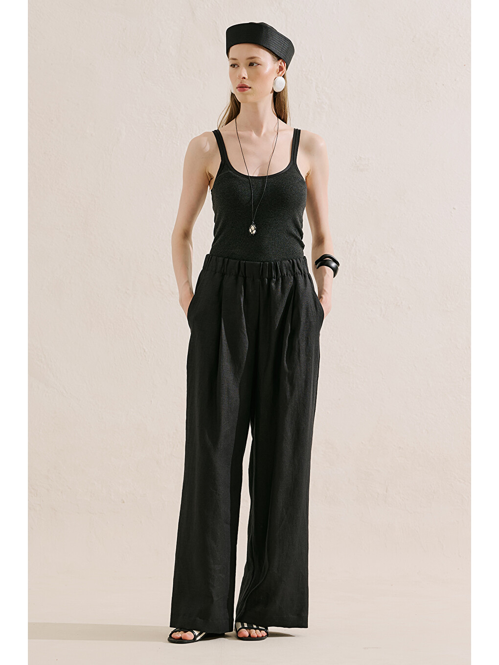 Keten Geniş Paça Pantolon Siyah-3
