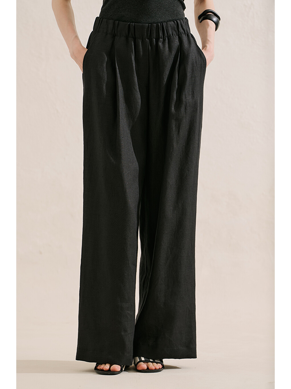 Keten Geniş Paça Pantolon Siyah-4