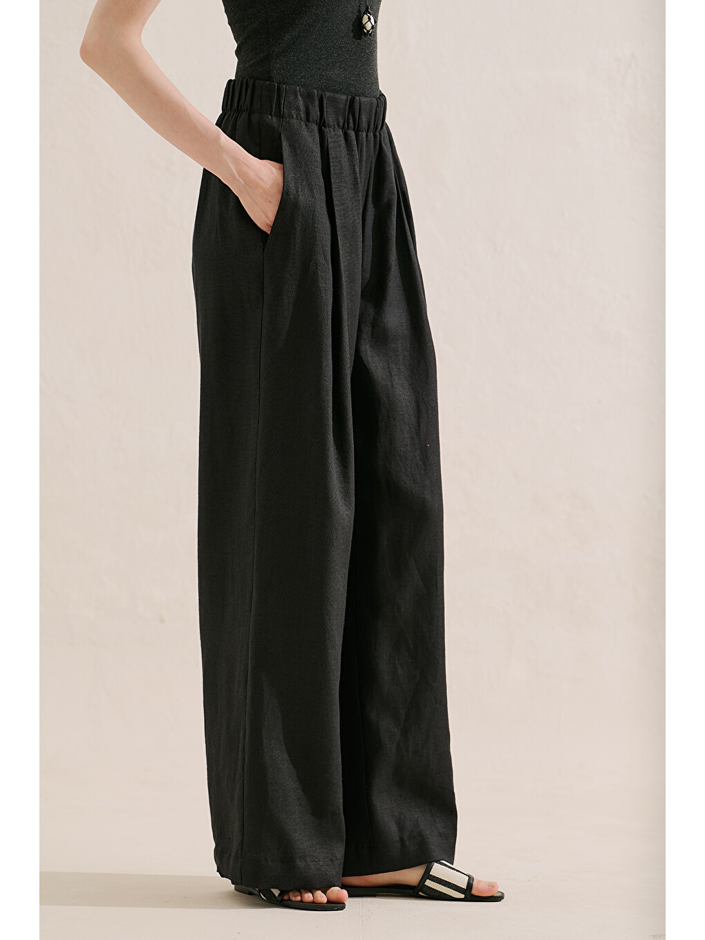 Keten Geniş Paça Pantolon Siyah-5