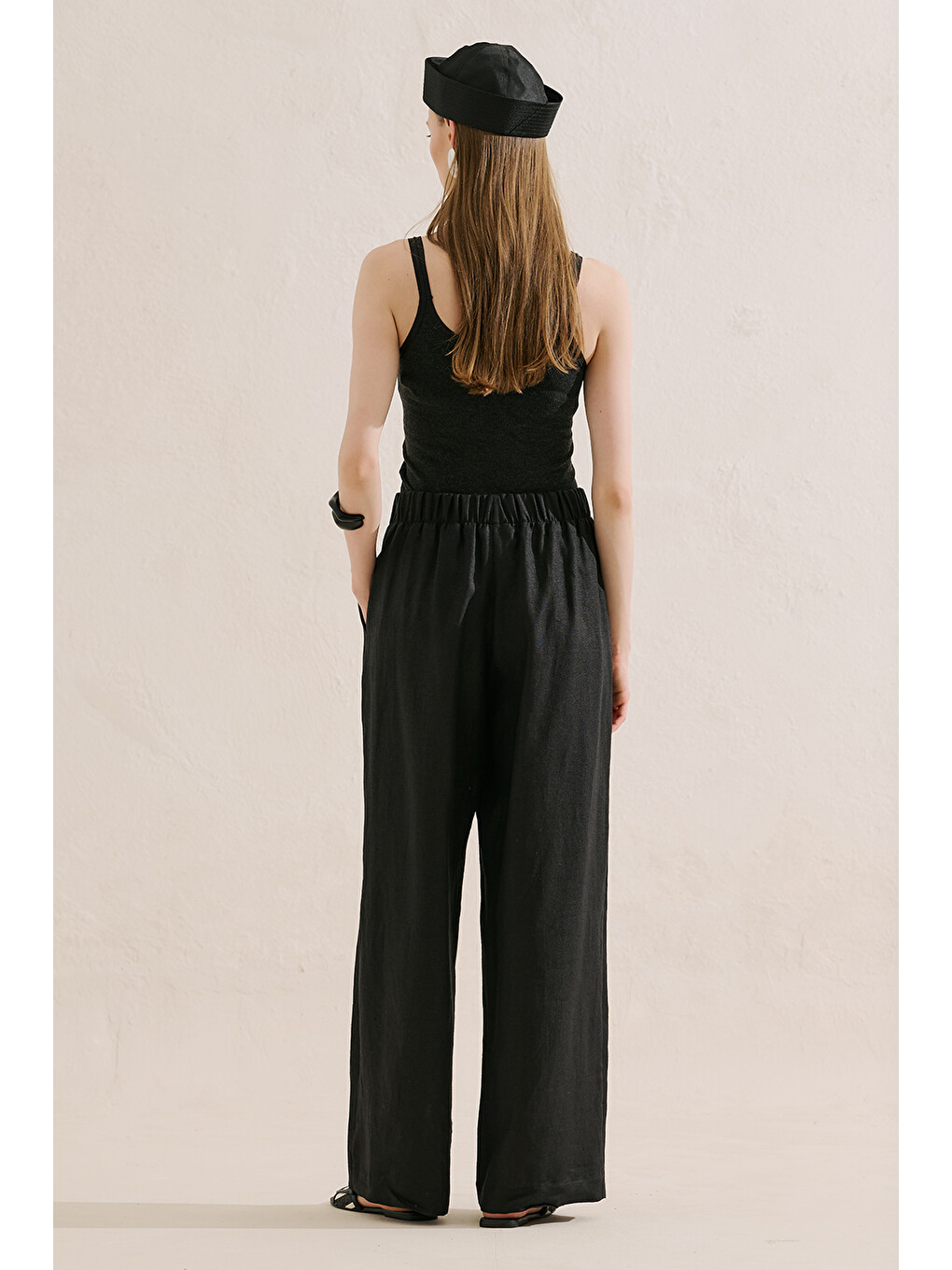 Keten Geniş Paça Pantolon Siyah-6