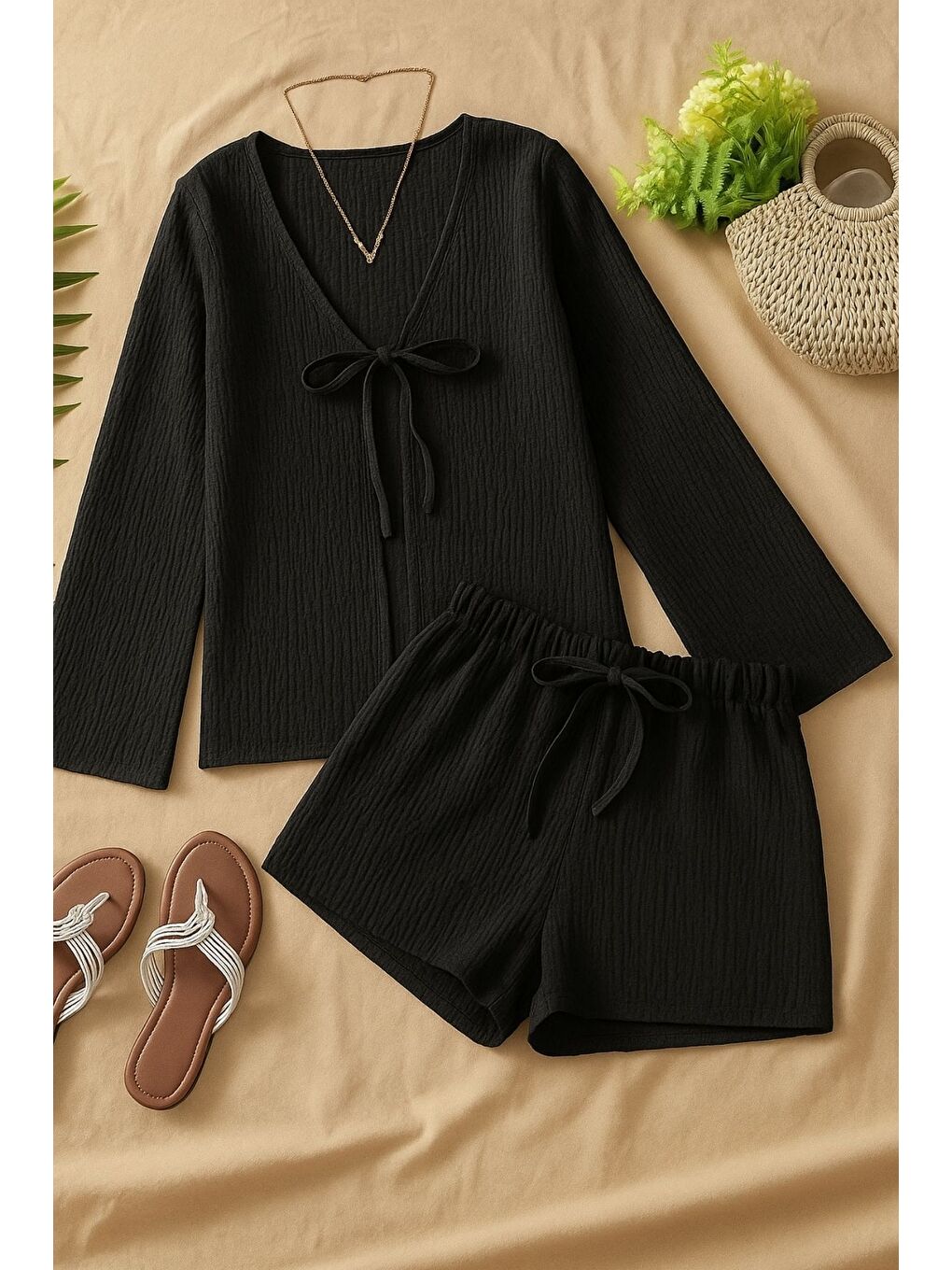 Siyah Bağcıklı Uzun Kollu Gömlek Şort Örme Bürümcük Takım