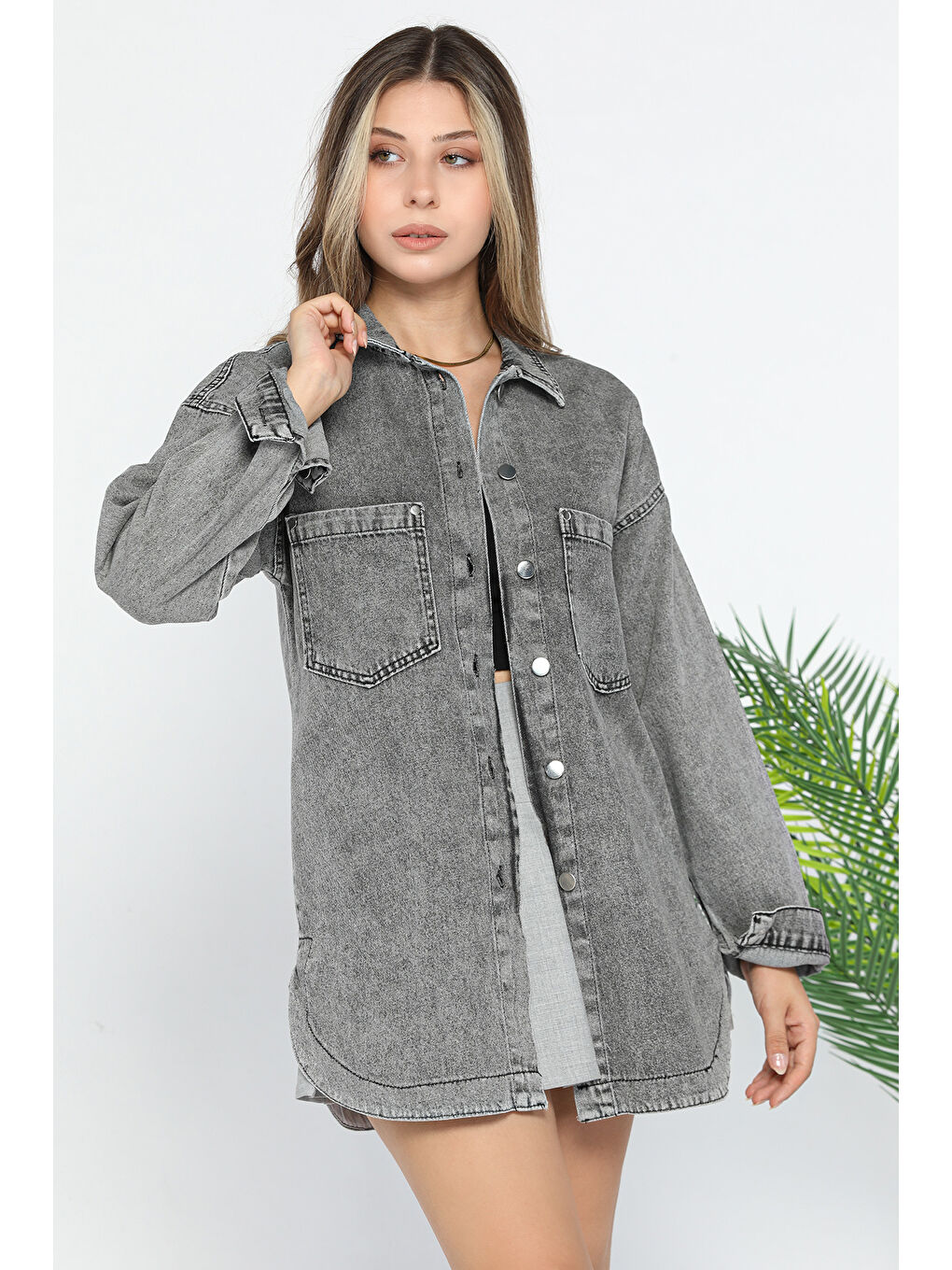 Antrasit Çift Cepli Jean Ceket-1