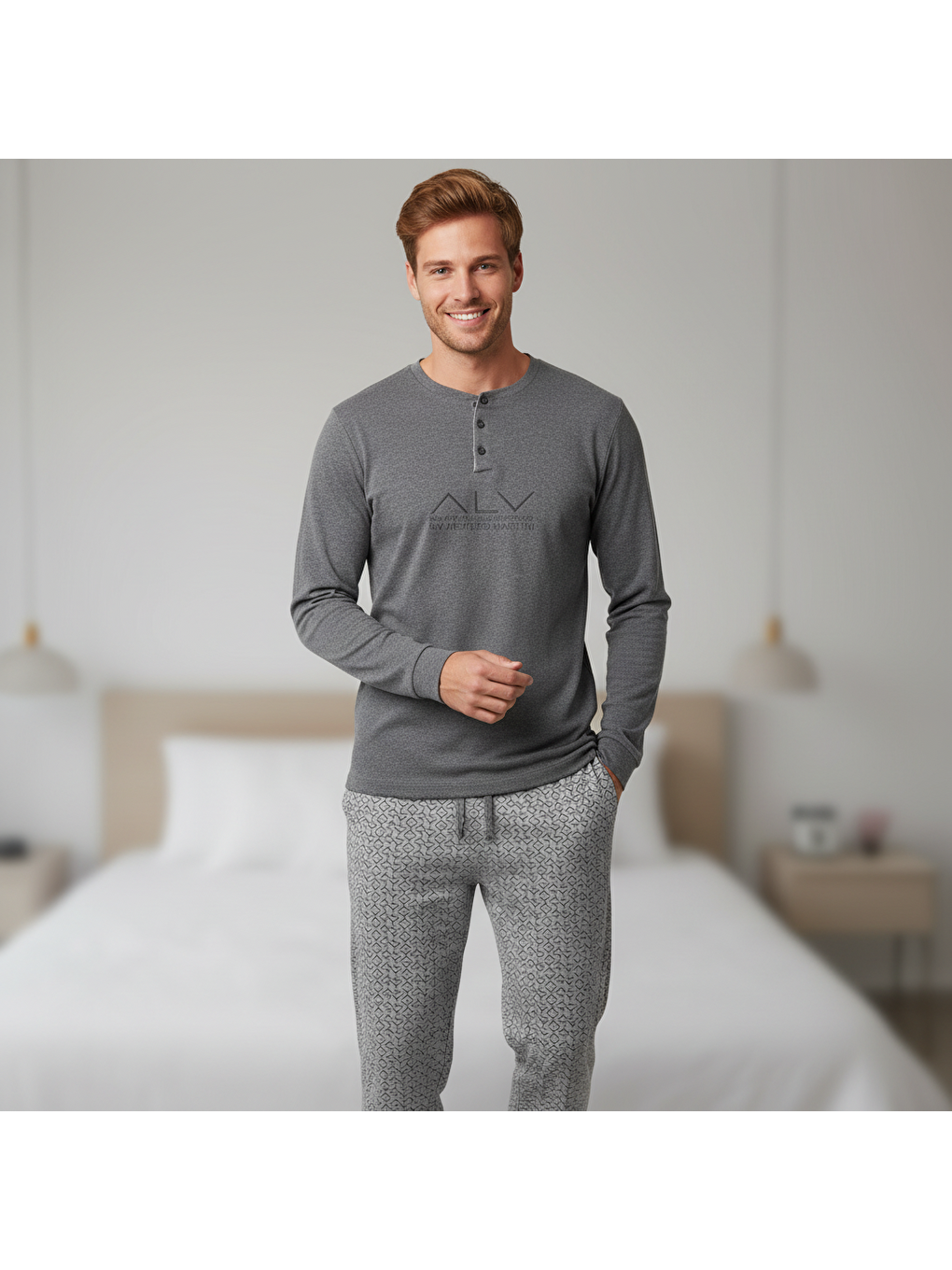 Erkek Pamuklu Gri Melanj Renk Pijama Takımı Al001 V2