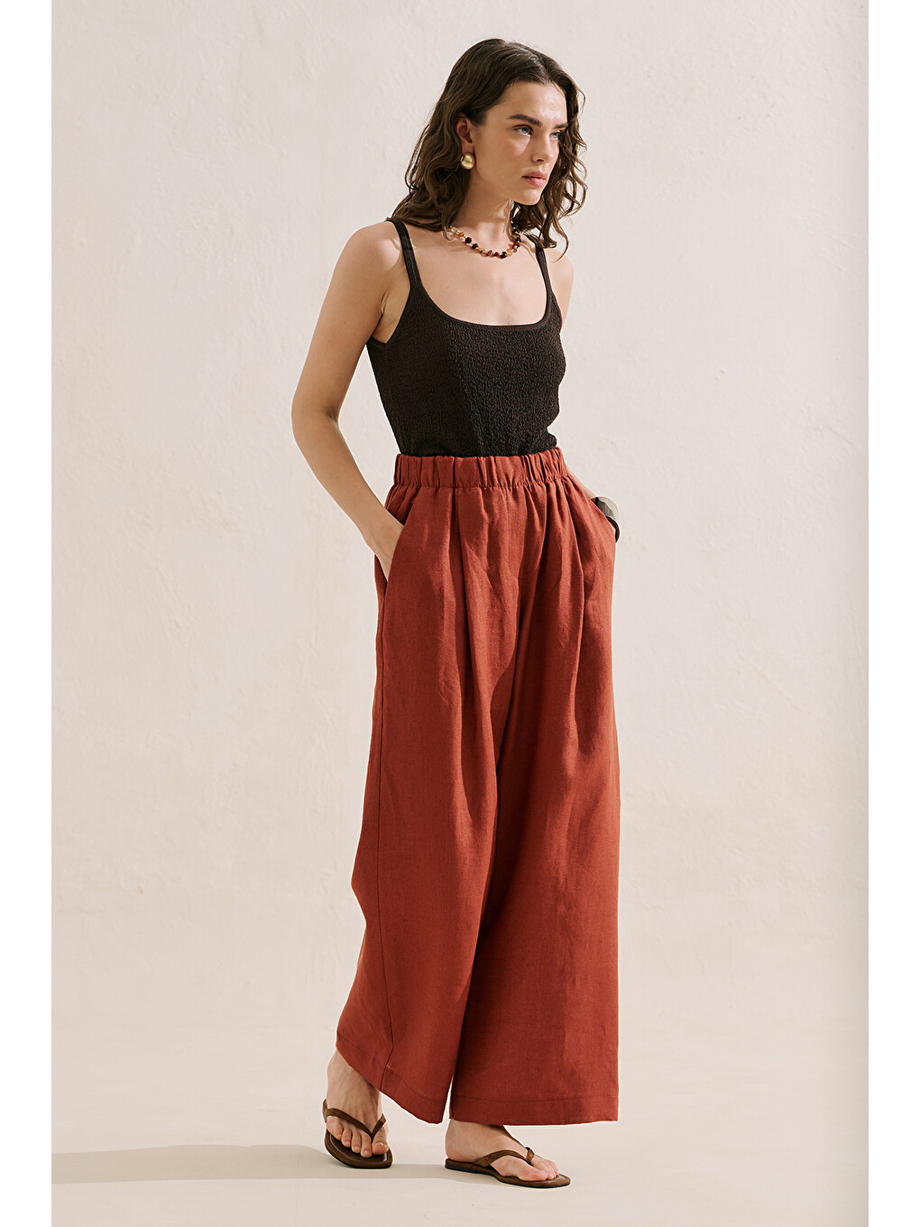 Kahverengi Keten Geniş Paça Pantolon Kiremit-2