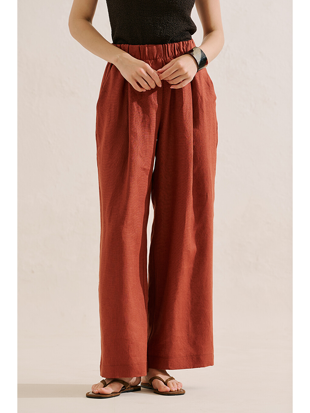 Kahverengi Keten Geniş Paça Pantolon Kiremit-3