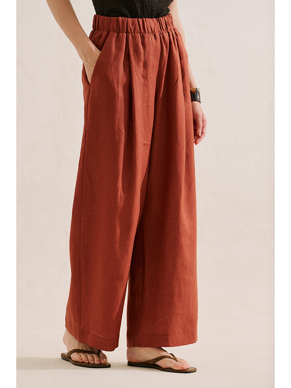 Kahverengi Keten Geniş Paça Pantolon Kiremit-4