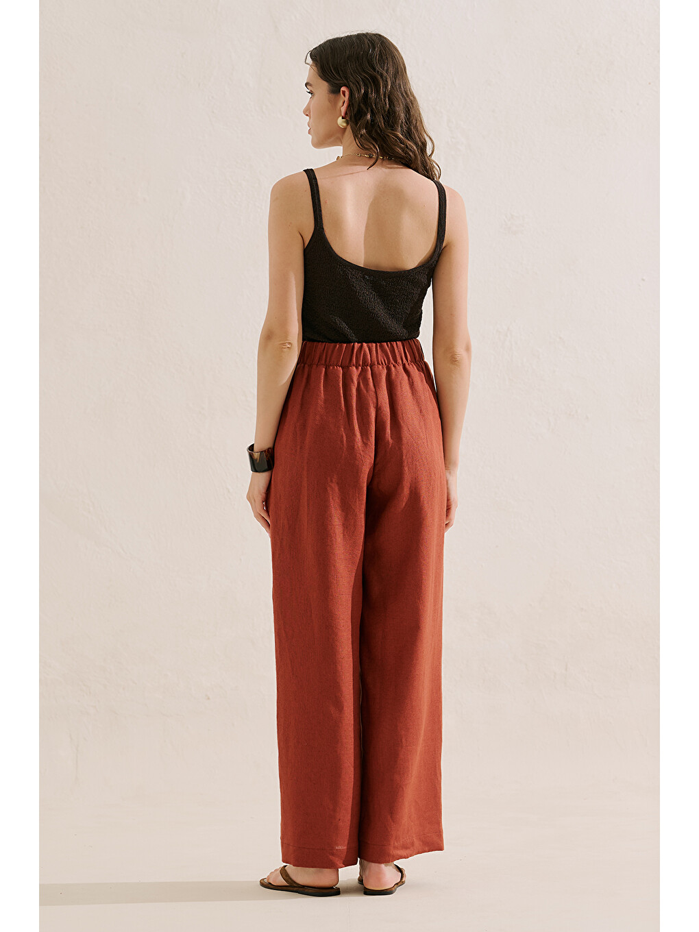 Kahverengi Keten Geniş Paça Pantolon Kiremit-5
