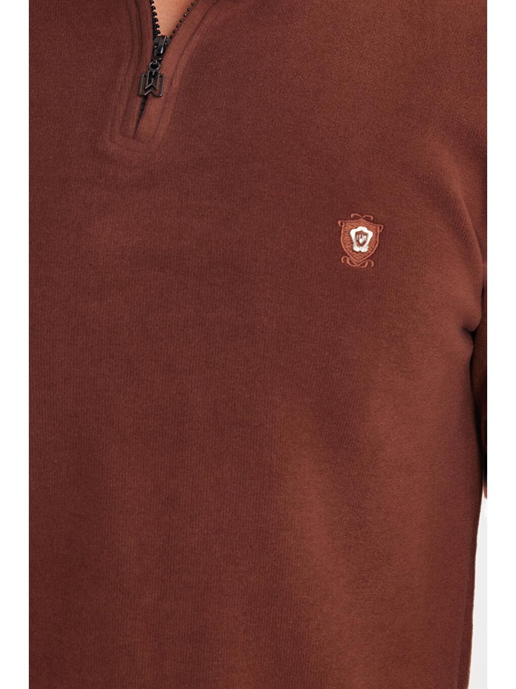 Erkek Slim Fit Dar Kesim Pamuklu Selanik Kumaş Yarım Fermuarlı Kahverengi Dik Yaka Sweatshirt-2