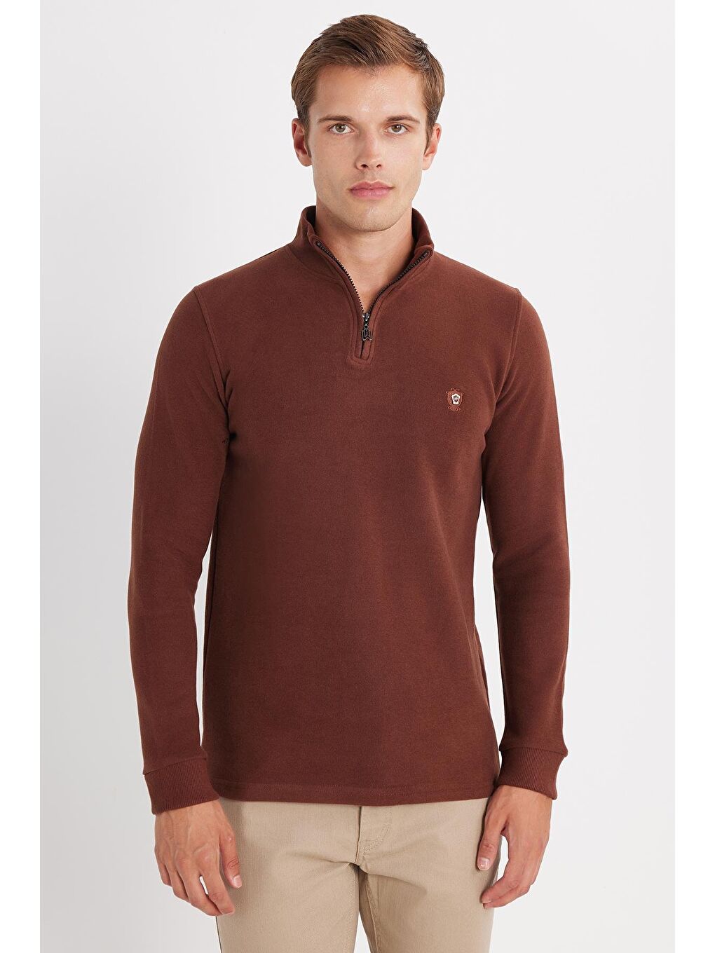 Erkek Slim Fit Dar Kesim Pamuklu Selanik Kumaş Yarım Fermuarlı Kahverengi Dik Yaka Sweatshirt-3