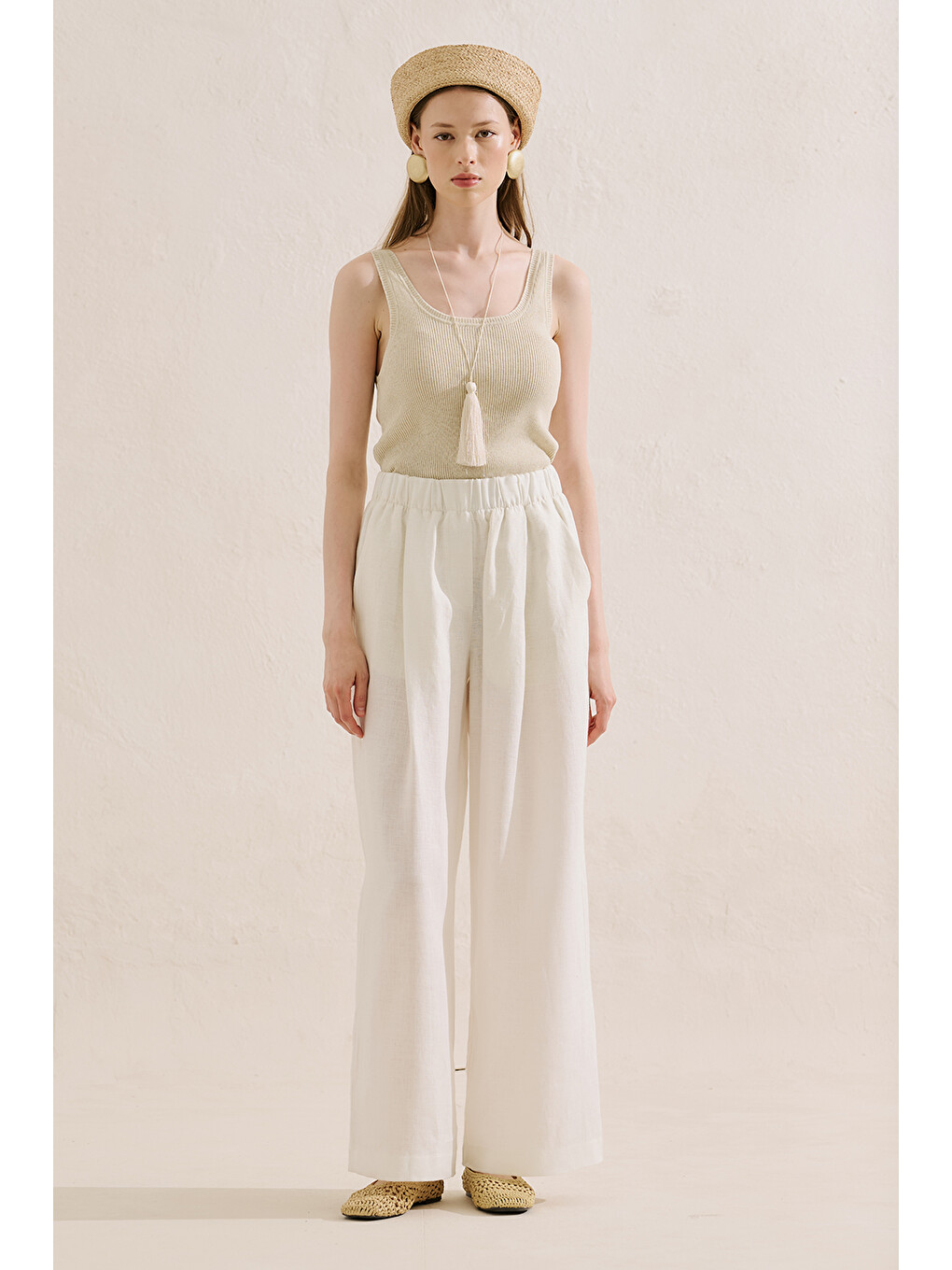 Keten Geniş Paça Pantolon Ekru-3