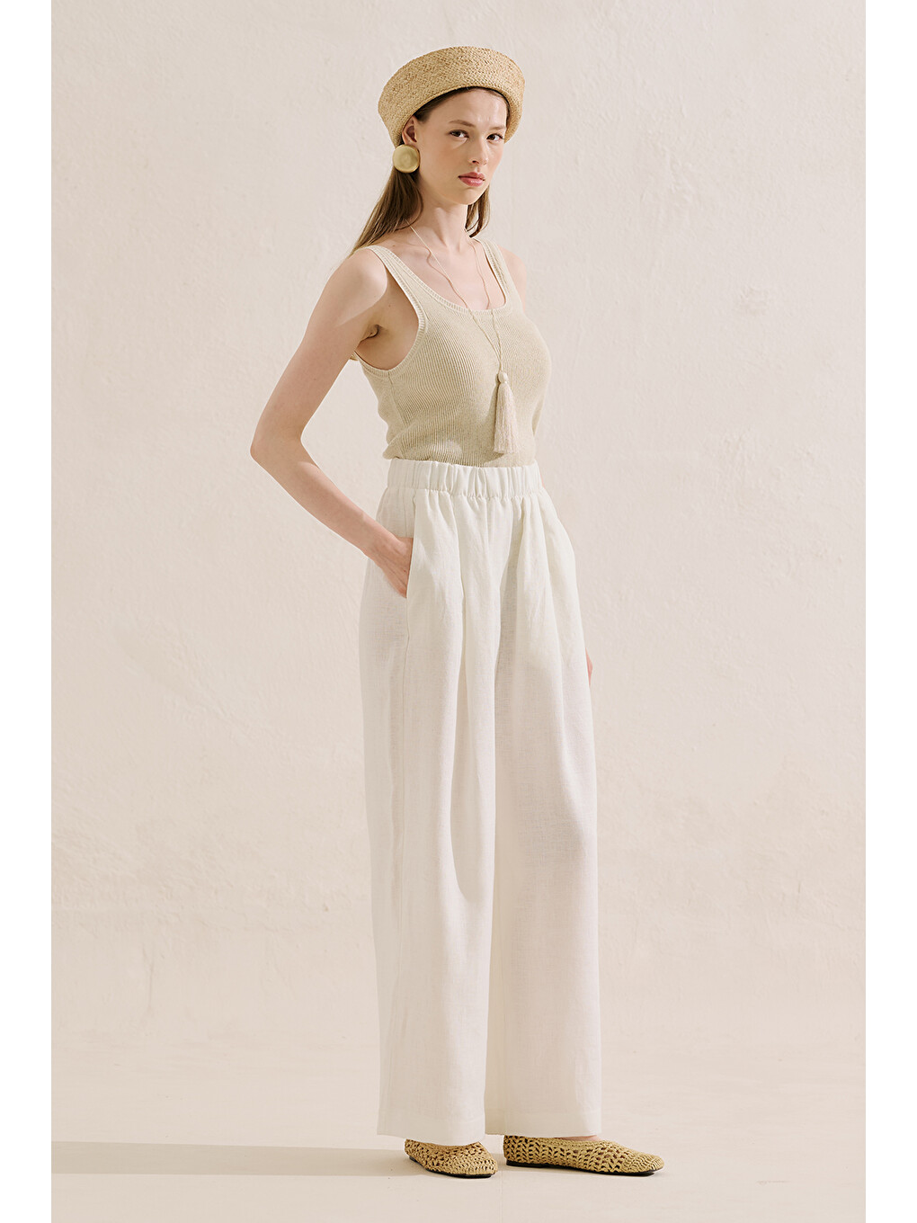 Keten Geniş Paça Pantolon Ekru-4