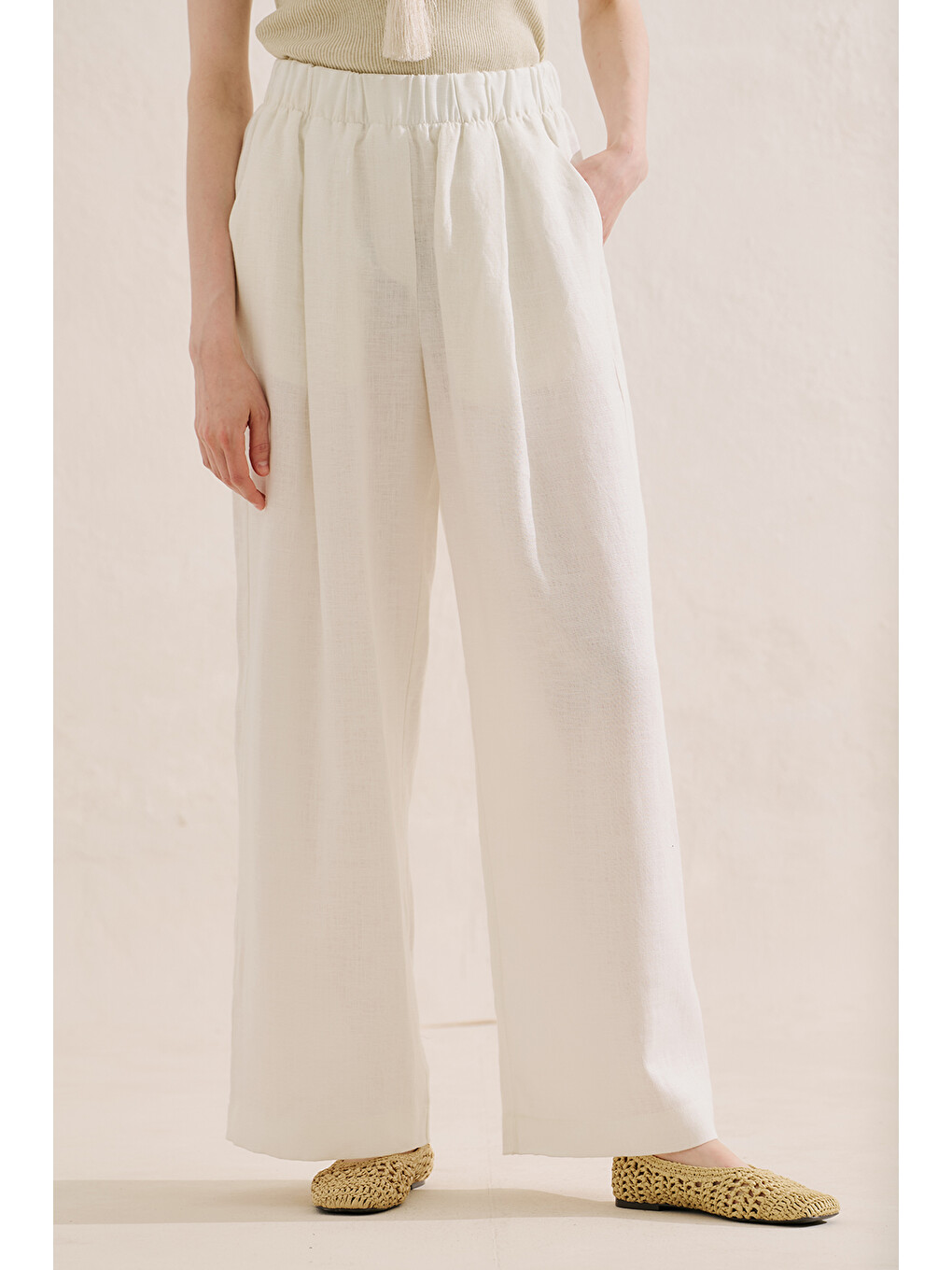 Keten Geniş Paça Pantolon Ekru-5