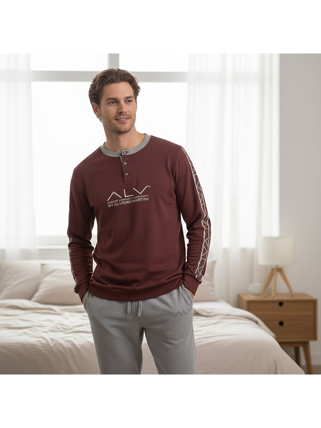 Kahverengi Erkek Pamuklu Kahve Desenli Renk Pijama Takımı Al003 V1-1