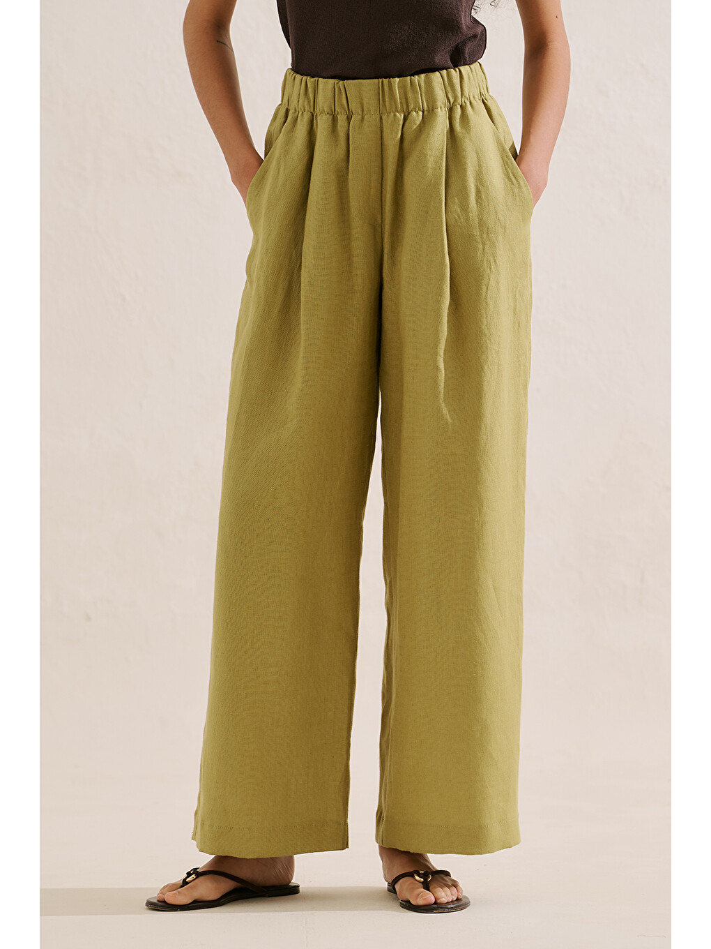 Keten Geniş Paça Pantolon Yağ Yeşili-4