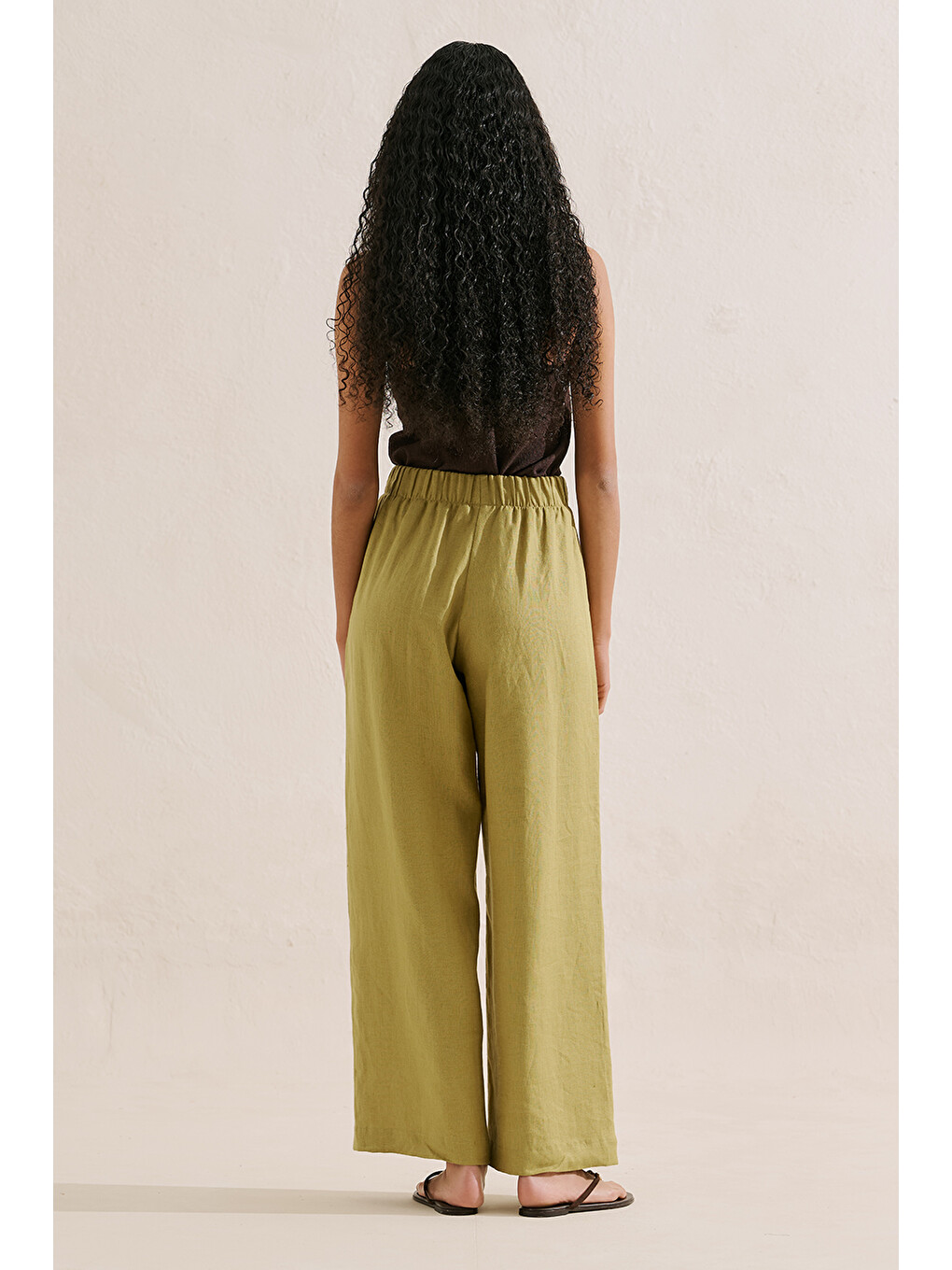 Keten Geniş Paça Pantolon Yağ Yeşili-5