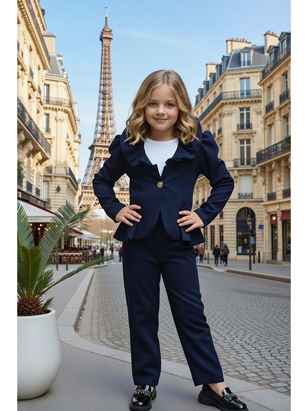 Kız Çocuk Asimetrik Kesim Fırfırlı Yaka Kloş Ceket Lacivert Alt Üst Takım