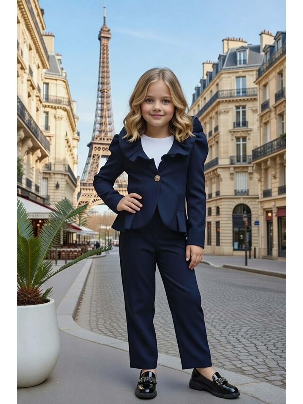 Kız Çocuk Asimetrik Kesim Fırfırlı Yaka Kloş Ceket Lacivert Alt Üst Takım-1