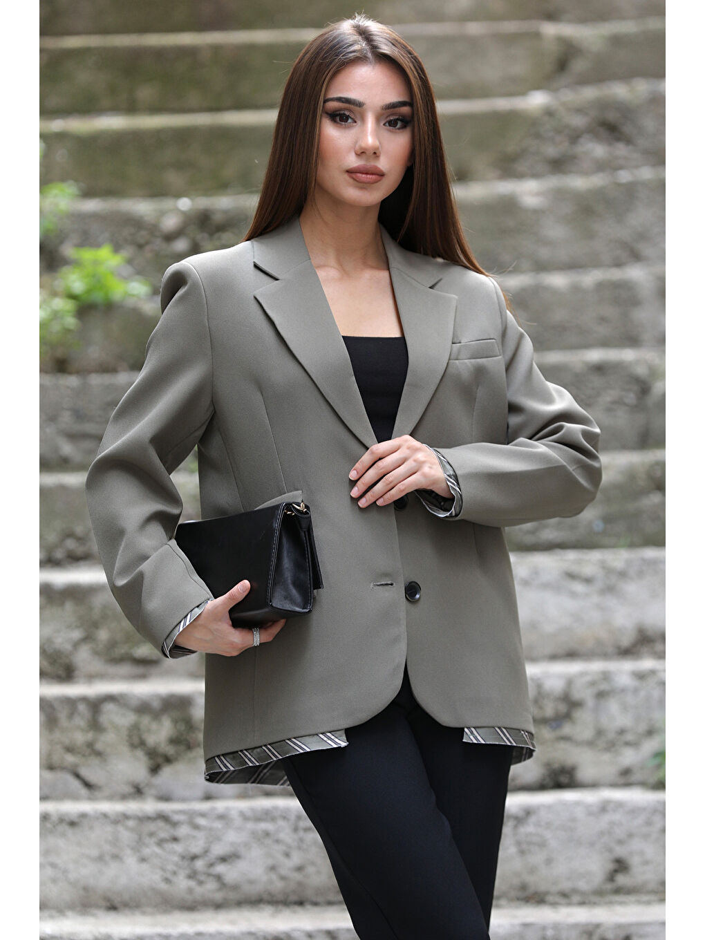 GÜLSELİ Haki Kadın Astarlı Oversize Blazer Ceket