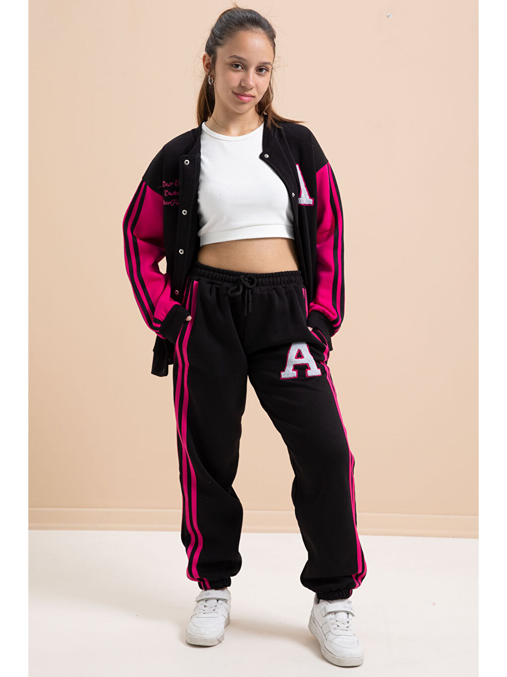 Siyah Yazılı Kolej Ceketli Kız Çocuk Şeritli 3 İplik Şardonlu Eşofman Takımı 21296-3