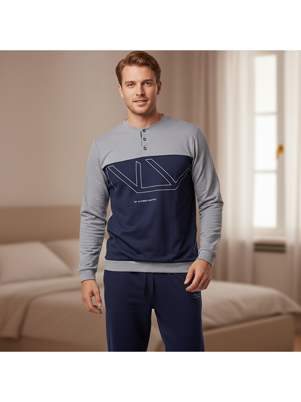 Erkek Pamuklu Gri - Lacivert Renk Pijama Takımı Al008 V2-1