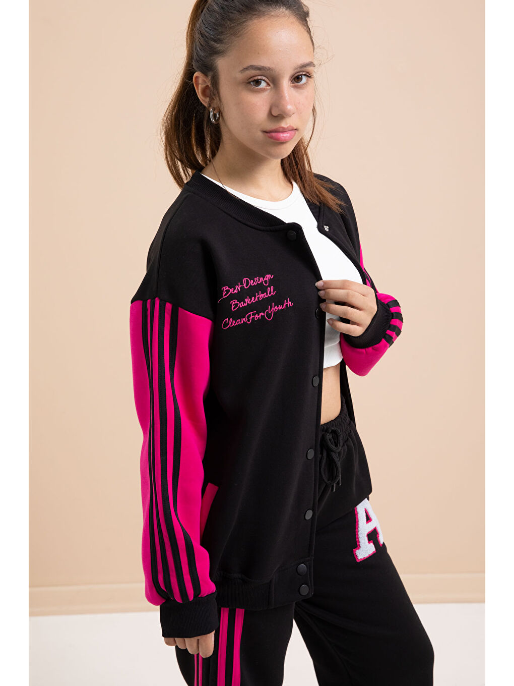 Siyah Yazılı Kolej Ceketli Kız Çocuk Şeritli 3 İplik Şardonlu Eşofman Takımı 21296-2