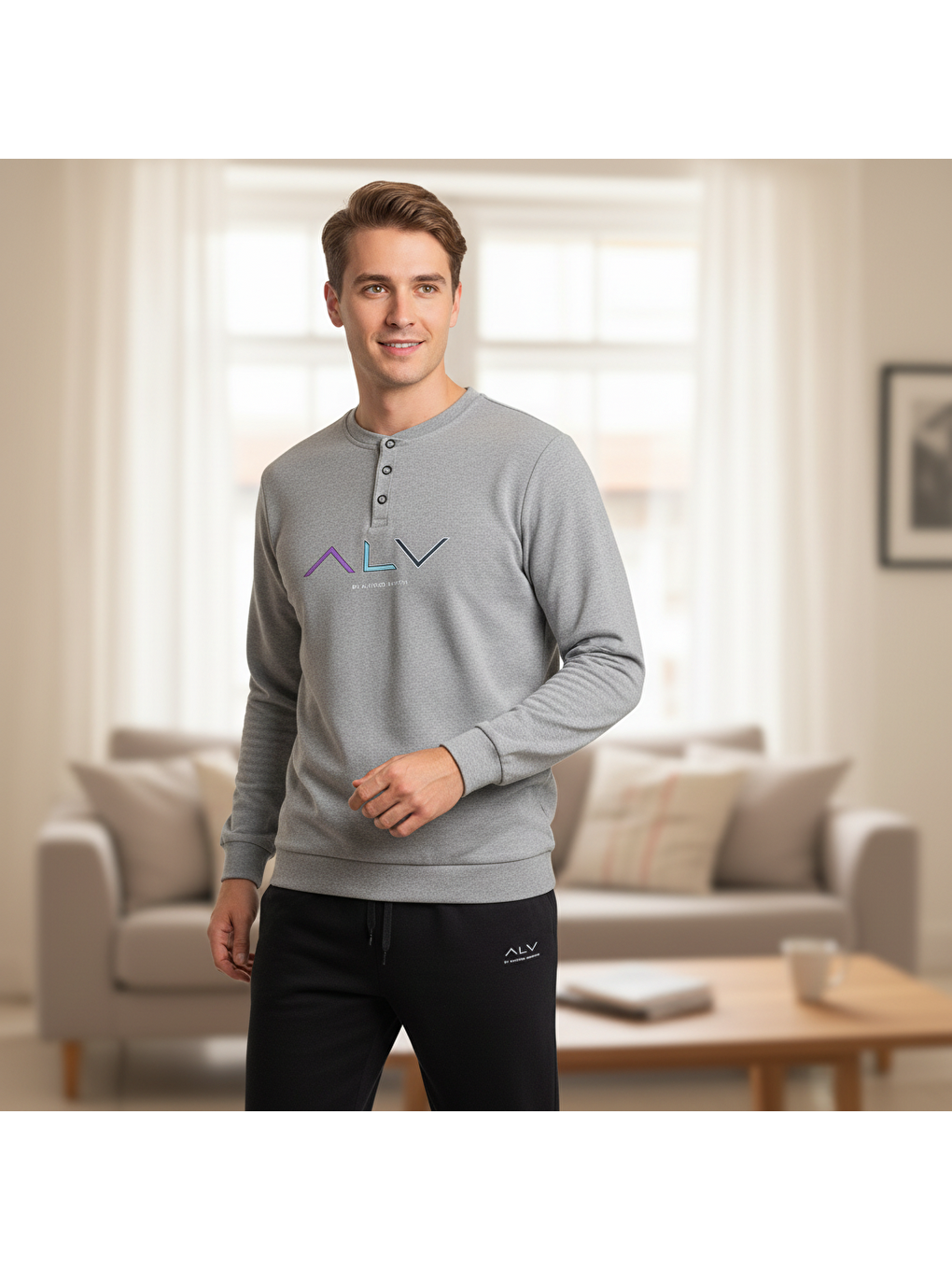 Erkek Pamuklu Gri Melanj Renk Pijama Takımı Al009 V1-1