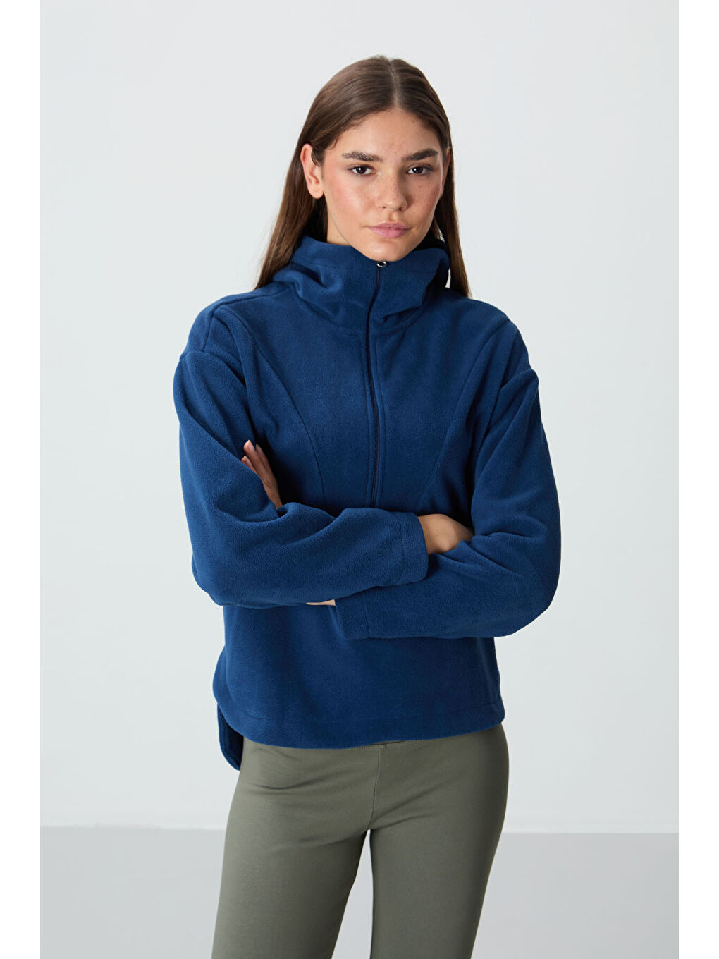 Lacivert Parlament Kalın Yumuşak Dokulu Kapüşonlu Oversize Nakışlı Polar Kadın Sweatshirt  97286-9