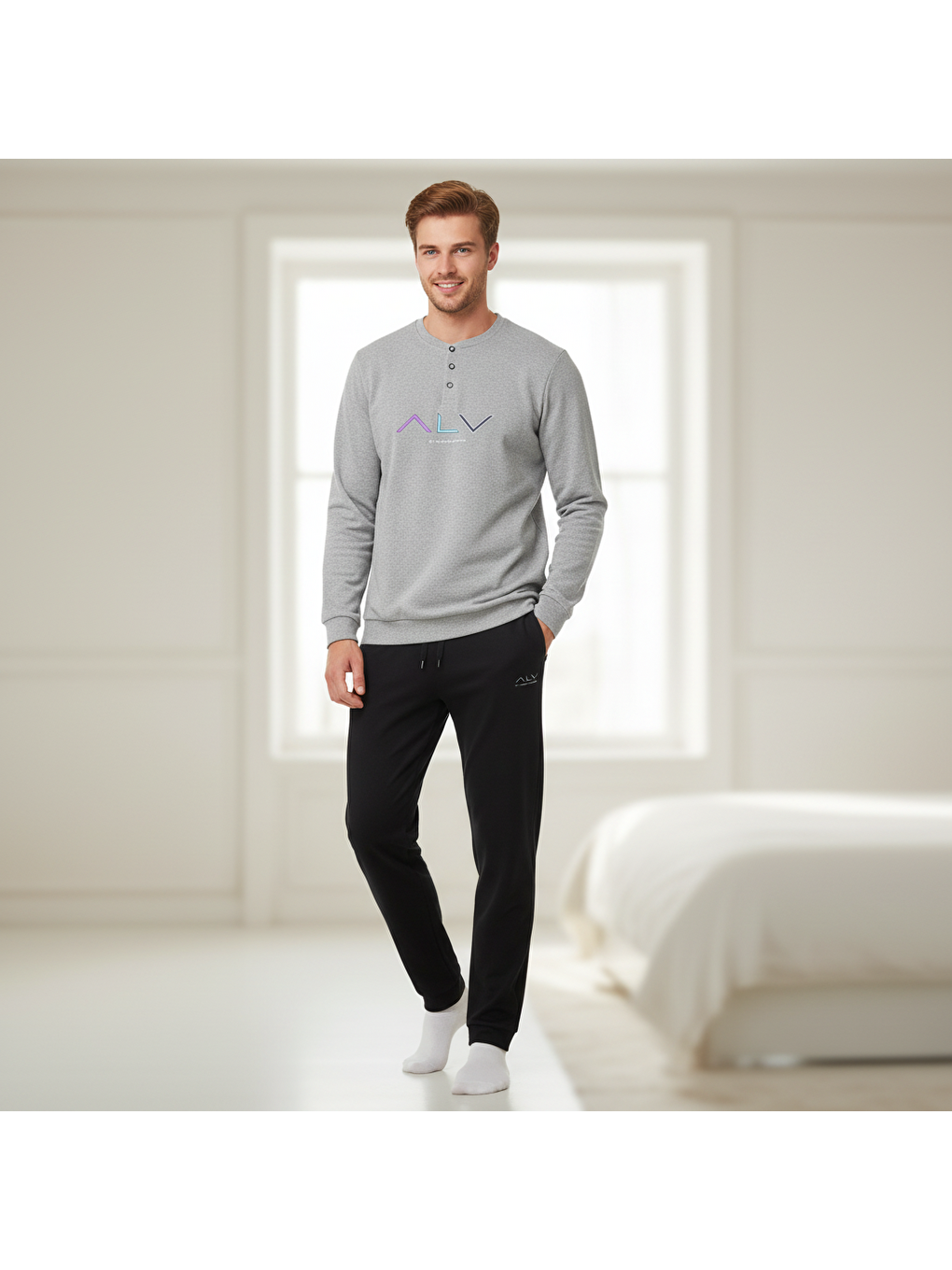 Erkek Pamuklu Gri Melanj Renk Pijama Takımı Al009 V1-2