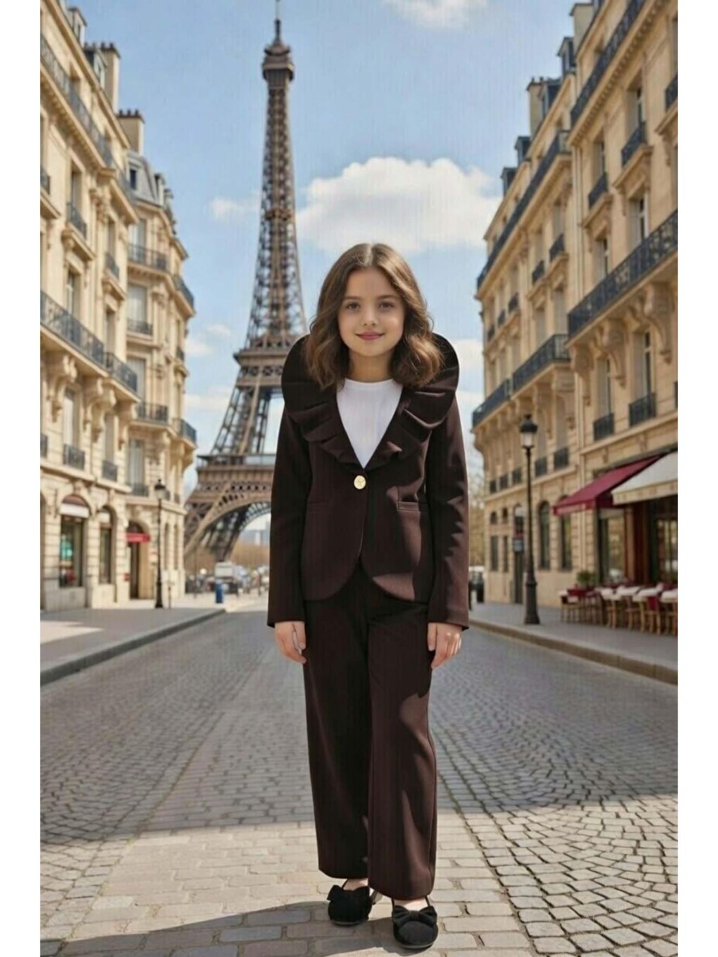 Kız Çocuk Asimetrik Kesim Fırfırlı Yaka Kloş Ceket Kahverengi Alt Üst Takım