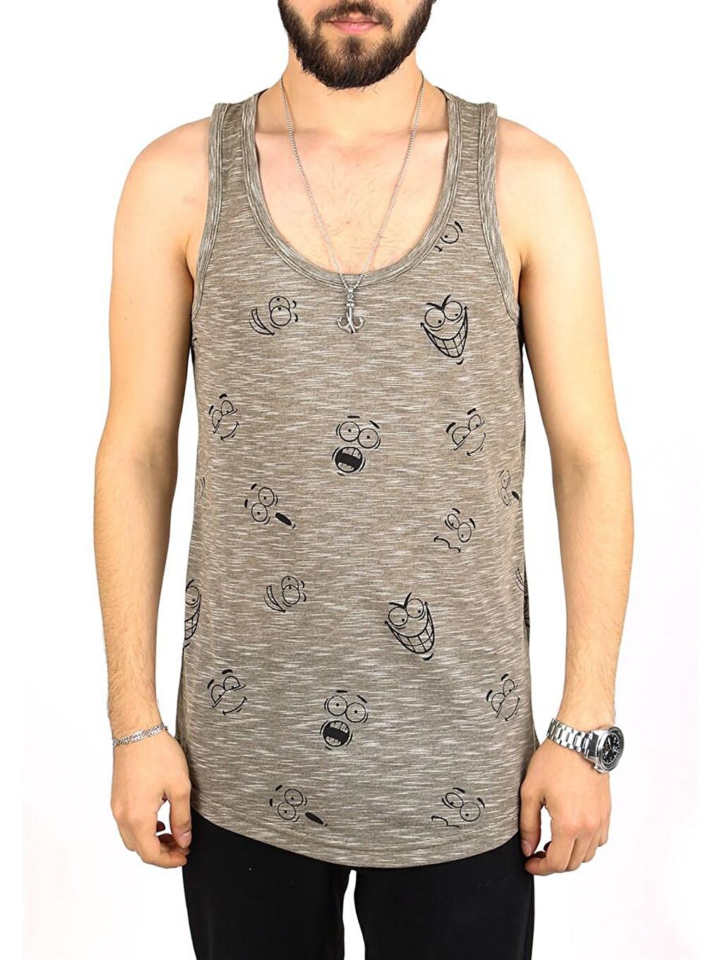 Emoji Baskılı Haki %100 Pamuk Kolsuz Tişört 2329-2