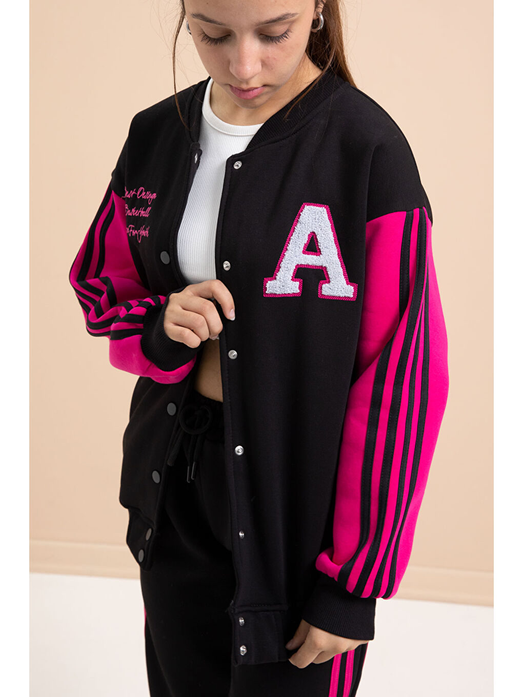 Siyah Yazılı Kolej Ceketli Kız Çocuk Şeritli 3 İplik Şardonlu Eşofman Takımı 21296-1