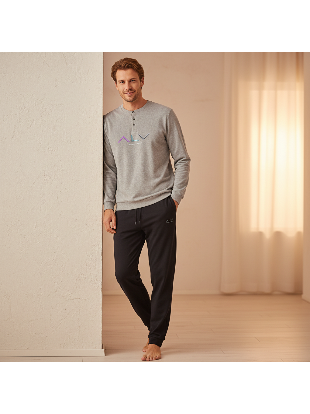 Erkek Pamuklu Gri Melanj Renk Pijama Takımı Al009 V1-3