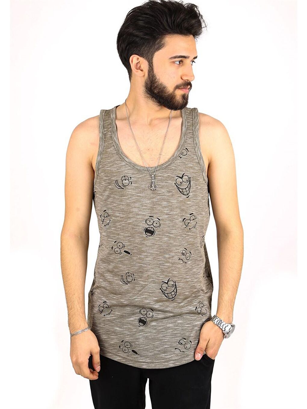 Emoji Baskılı Haki %100 Pamuk Kolsuz Tişört 2329-1