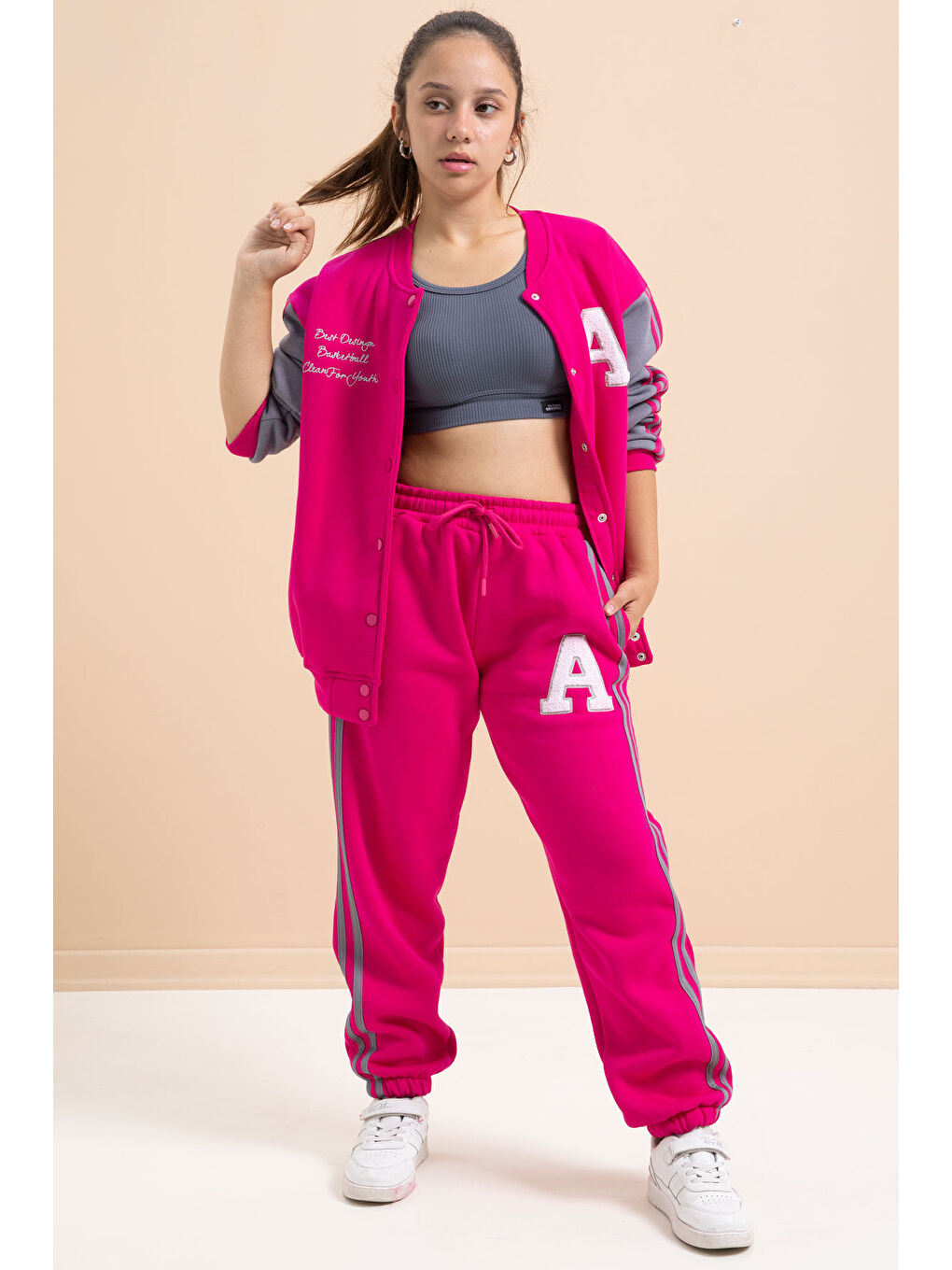 Fuşya Yazılı Kolej Ceketli Kız Çocuk Şeritli 3 İplik Şardonlu Eşofman Takımı 21297-3