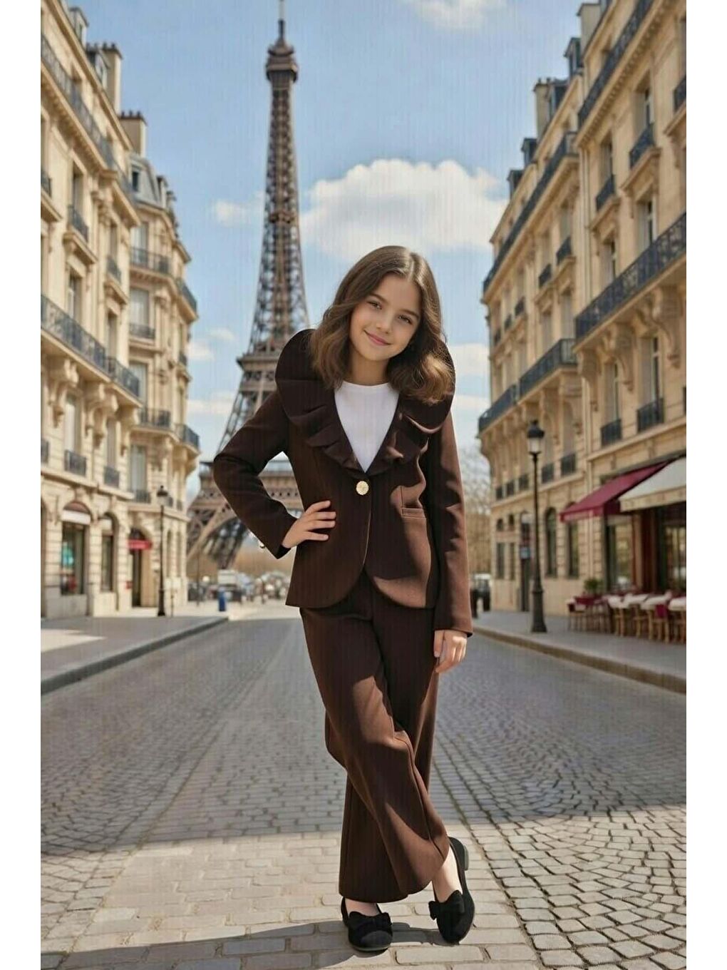 Kız Çocuk Asimetrik Kesim Fırfırlı Yaka Kloş Ceket Kahverengi Alt Üst Takım-1