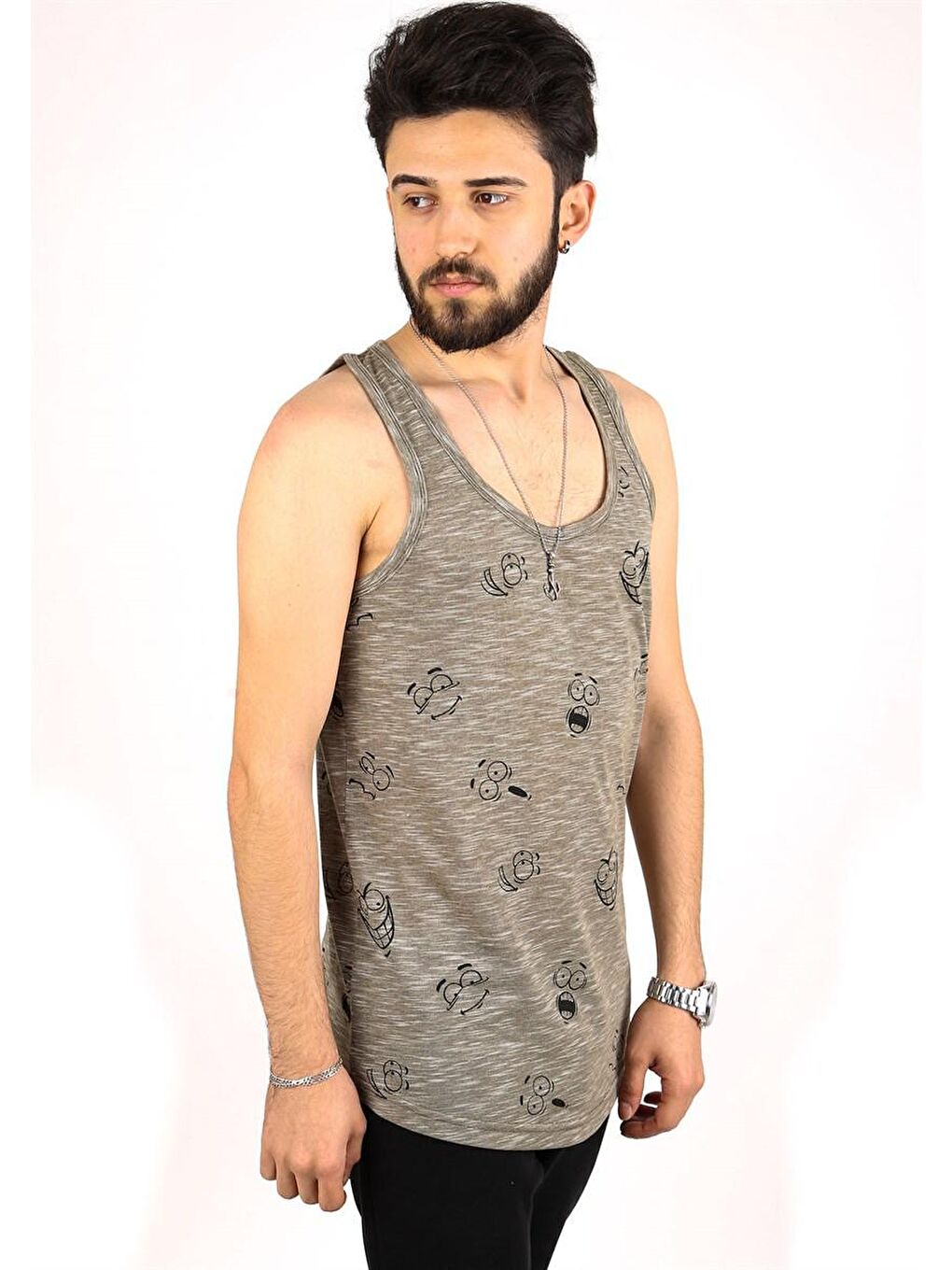 Emoji Baskılı Haki %100 Pamuk Kolsuz Tişört 2329