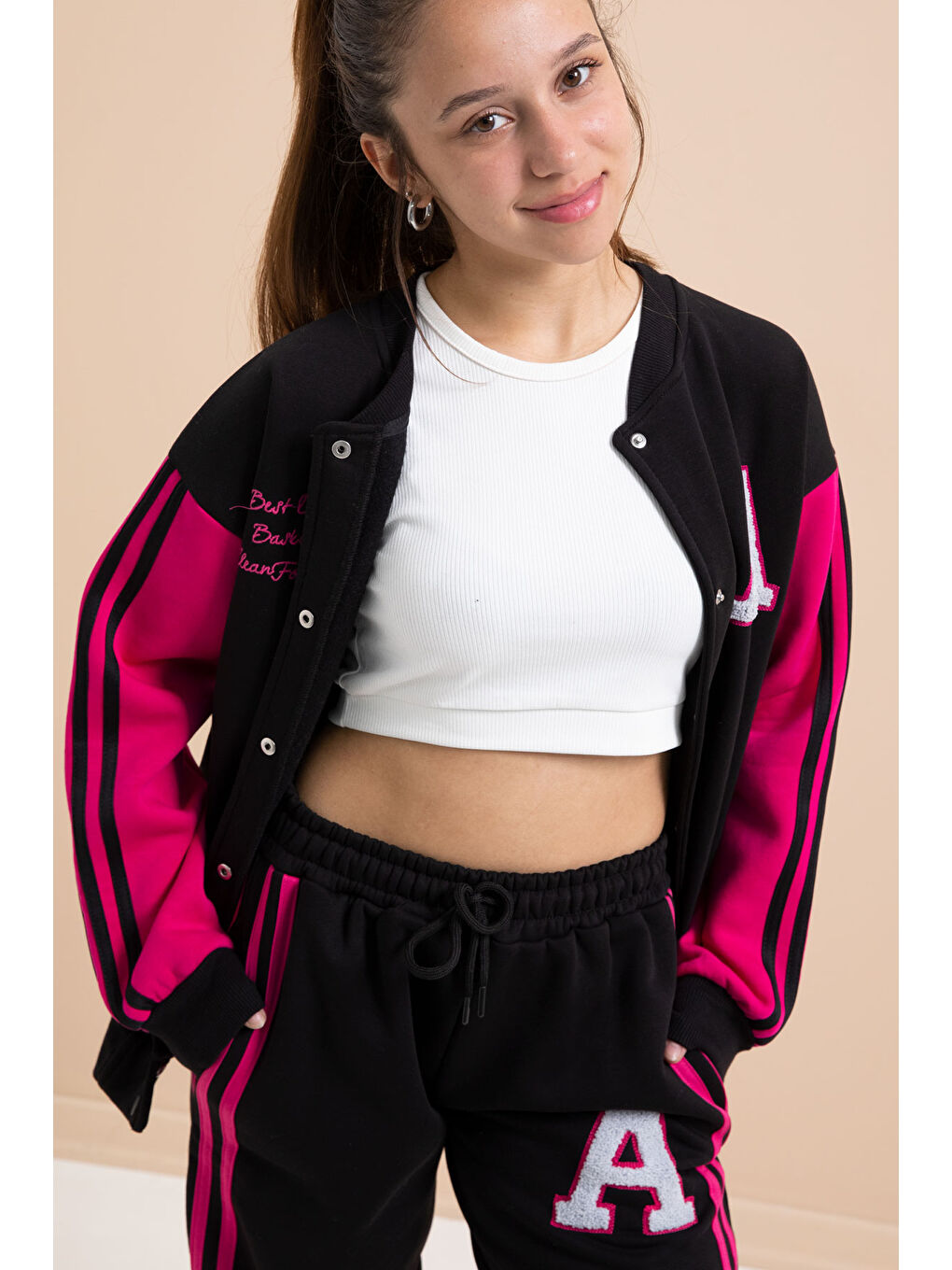 Siyah Yazılı Kolej Ceketli Kız Çocuk Şeritli 3 İplik Şardonlu Eşofman Takımı 21296-4