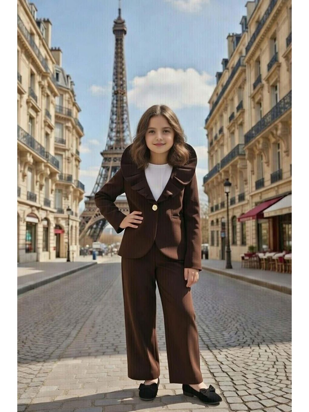 Kız Çocuk Asimetrik Kesim Fırfırlı Yaka Kloş Ceket Kahverengi Alt Üst Takım-2