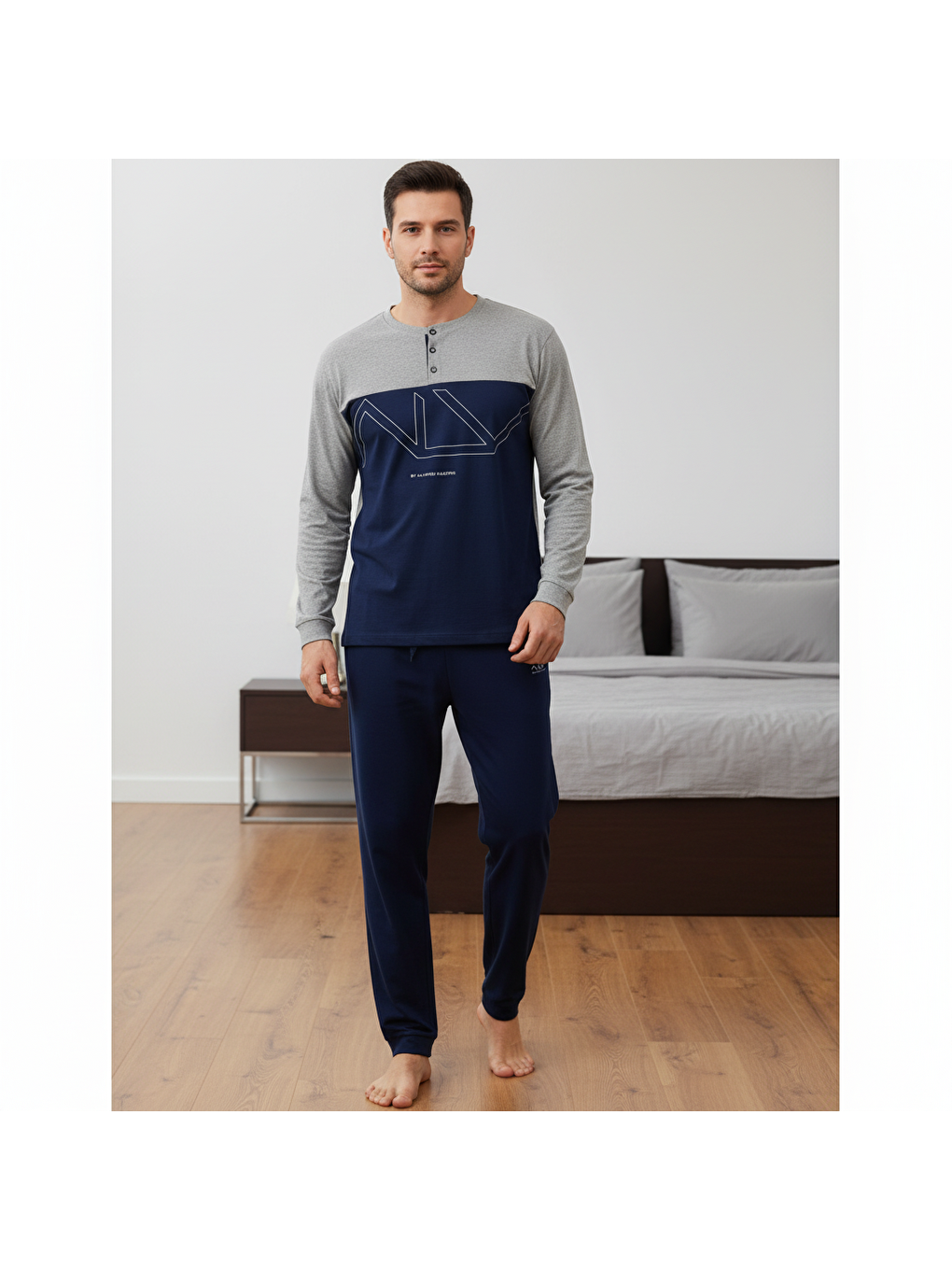 Erkek Pamuklu Gri - Lacivert Renk Pijama Takımı Al008 V2-4