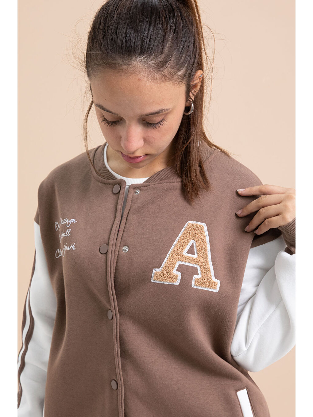 Kahverengi Kahve Yazılı Kolej Ceketli Kız Çocuk Şeritli 3 İplik Şardonlu Eşofman Takımı 21295-1