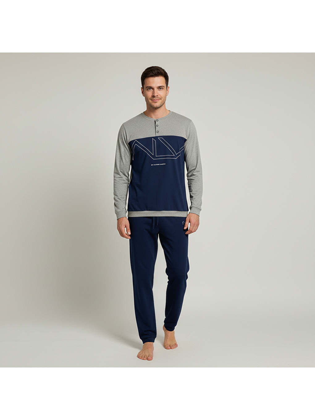 Erkek Pamuklu Gri - Lacivert Renk Pijama Takımı Al008 V2-5