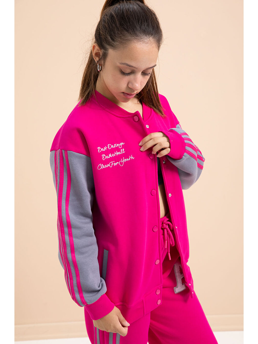 Fuşya Yazılı Kolej Ceketli Kız Çocuk Şeritli 3 İplik Şardonlu Eşofman Takımı 21297-2