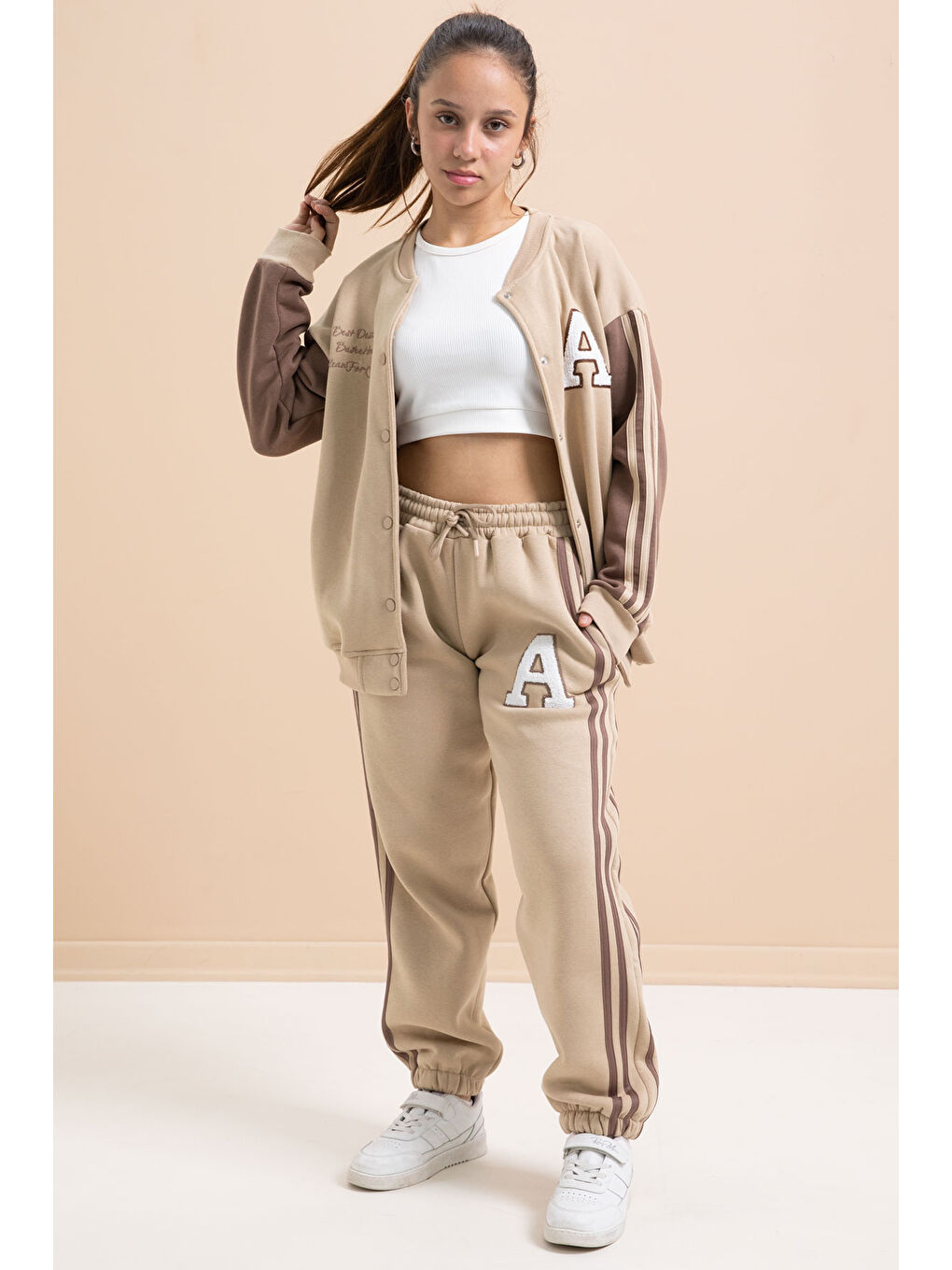 Bej Yazılı Kolej Ceketli Kız Çocuk Şeritli 3 İplik Şardonlu Eşofman Takımı 21298-1