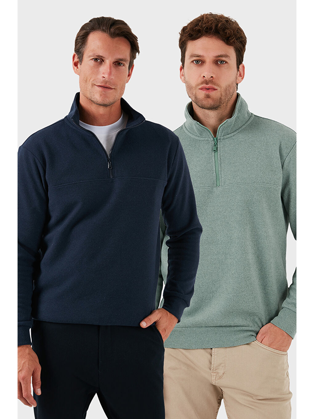 Yeşil Pamuklu Regular Fit Yarım Fermuarlı Dik Yaka 2'li Paket Kazak 456112S2