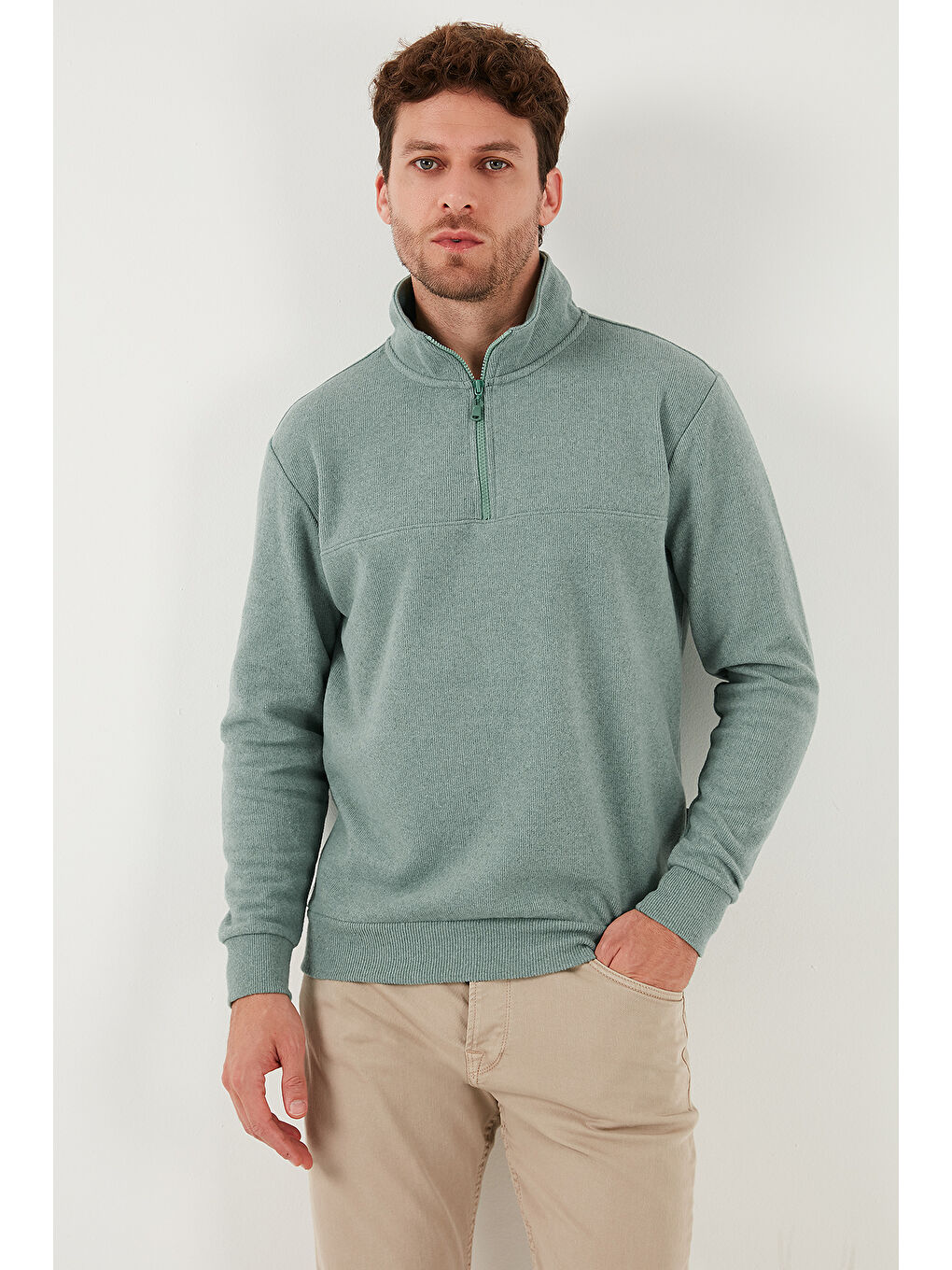 Yeşil Pamuklu Regular Fit Yarım Fermuarlı Dik Yaka 2'li Paket Kazak 456112S2-1