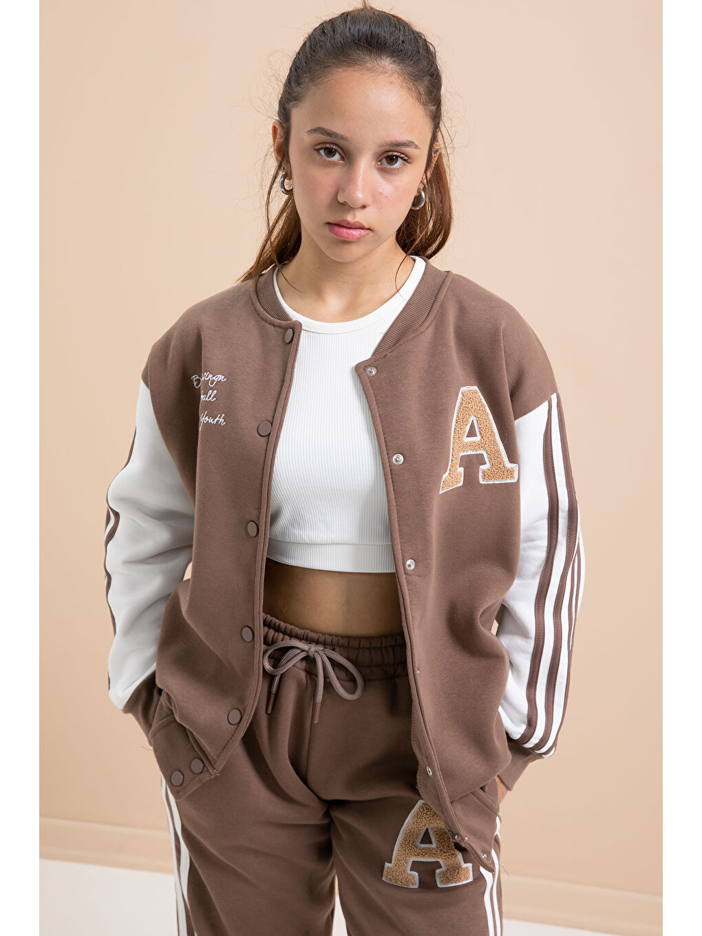 Kahverengi Kahve Yazılı Kolej Ceketli Kız Çocuk Şeritli 3 İplik Şardonlu Eşofman Takımı 21295-2